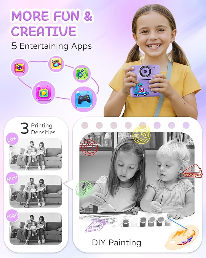 Instant Print Camera for Kids, Digital Selfie Cameras with Carry Case & 5-Color Paper, Portable Toddler Toy Christmas Birthday Gifts for 3 4 5 6 7 8 9 10 11 12 Year Old Girls - Purple
