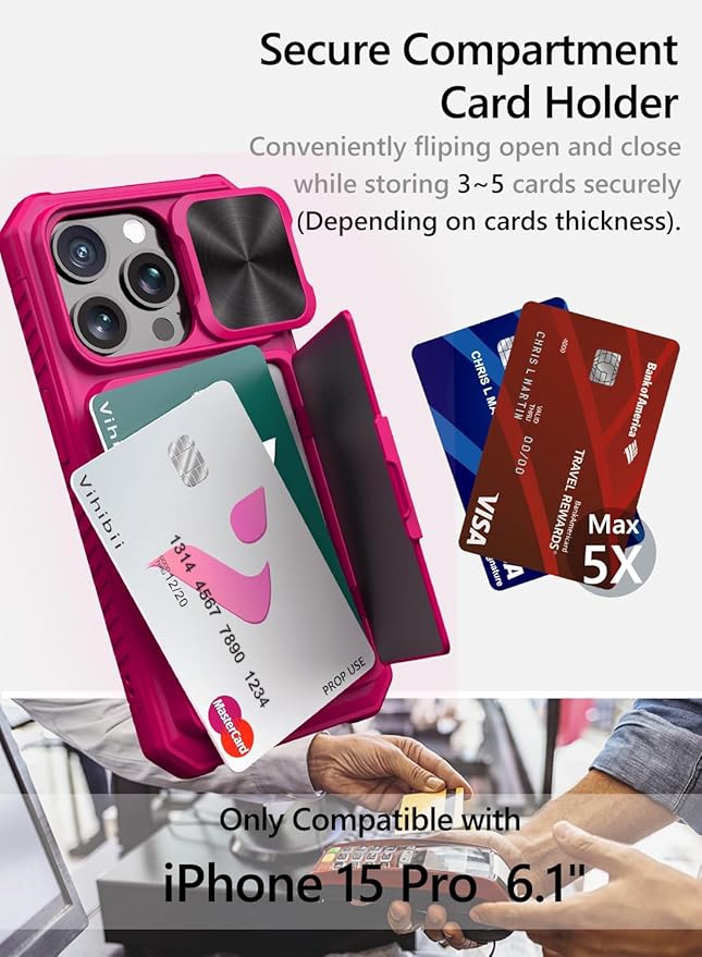 Vihibii for iPhone 15 Pro Case with Card Holder (4 Cards) & Slide Camera Cover & Kickstand, Shockproof Rugged Hard Back & TPU Soft Edge Wallet Phone Case for iPhone 15 Pro 5G 6.1" 2023 (Pink)