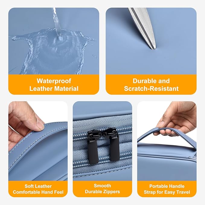 Double Layer Leather Cable Organizer Bag Large Capacity Waterproof Tech Organizer Case for Travel Electronics Accessories Storage Case with Adjustable Divider(Gray&Blue, Double Layer-Large)