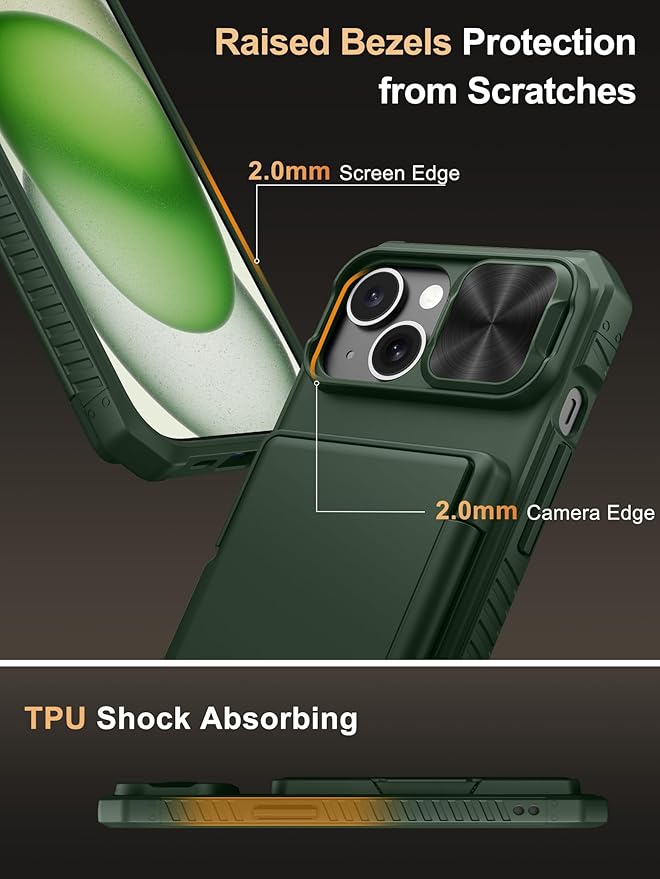 Vihibii for iPhone 15/14/13 Wallet Case, Built-in Card Holder (4 Cards), RFID Blocking & Slide Camera Cover, Military Grade Drop Protection, TPU Soft Edge Phone Case, Green