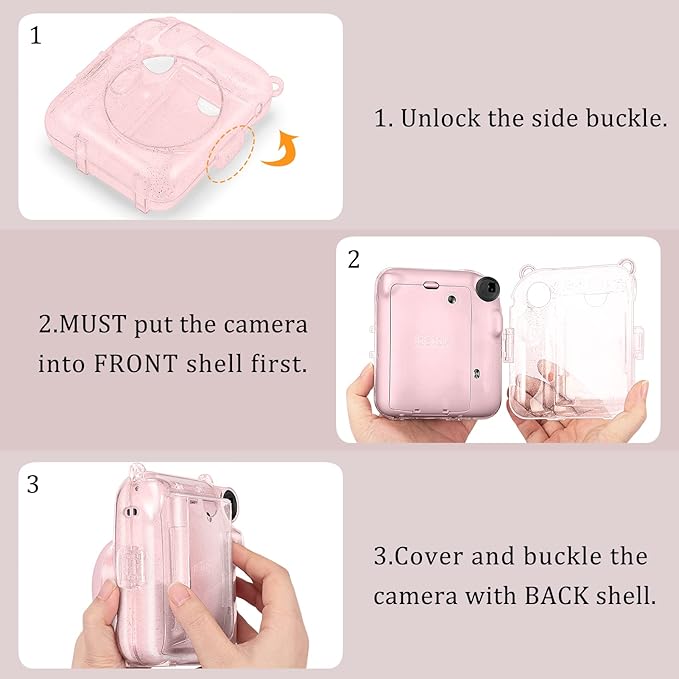 Fintie Protective Clear Case for Fujifilm Instax Mini 12 Instant Camera - Crystal Hard Shell Cover with Upgraded Film Pocket for Storing Photos & Removable Shoulder Strap