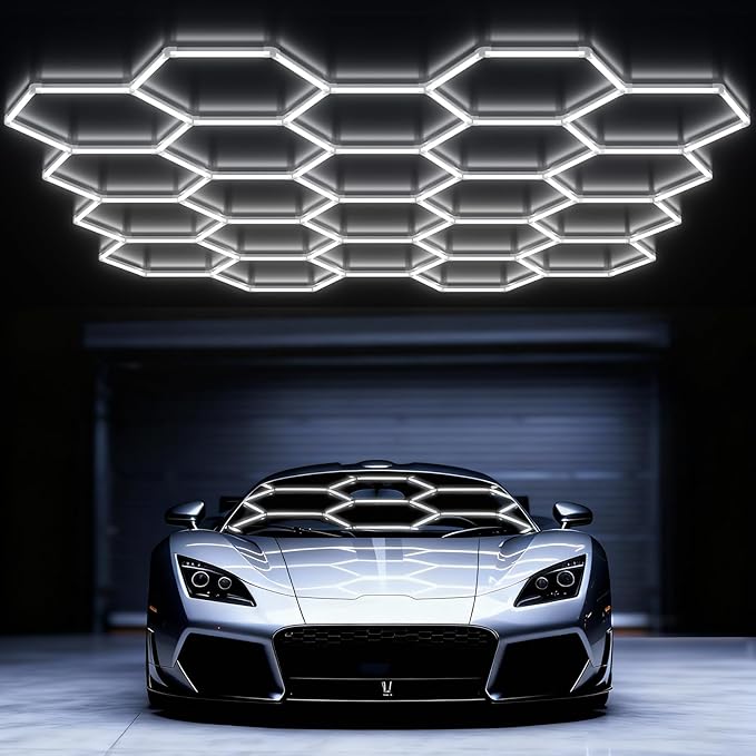 Hexagon Garage Lights: 581W 22 Grids Hexagon Led Lights, 6500K Ultra Bright Hex Light, Honeycomb Light for Garage, Shop, Basement, Barber, Homegym