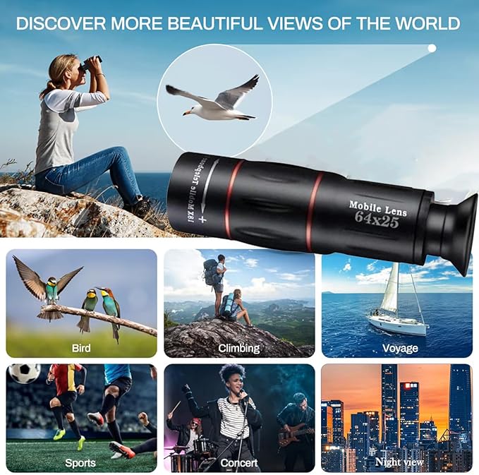 64X Zoom Mobile Phone Telephoto Lens with Tripod & Phone Clamp - HD FMC Monocular Lens for Long Distance Photography, Bird Watching, Sports & Vlogging (Universal Smartphone Lens)