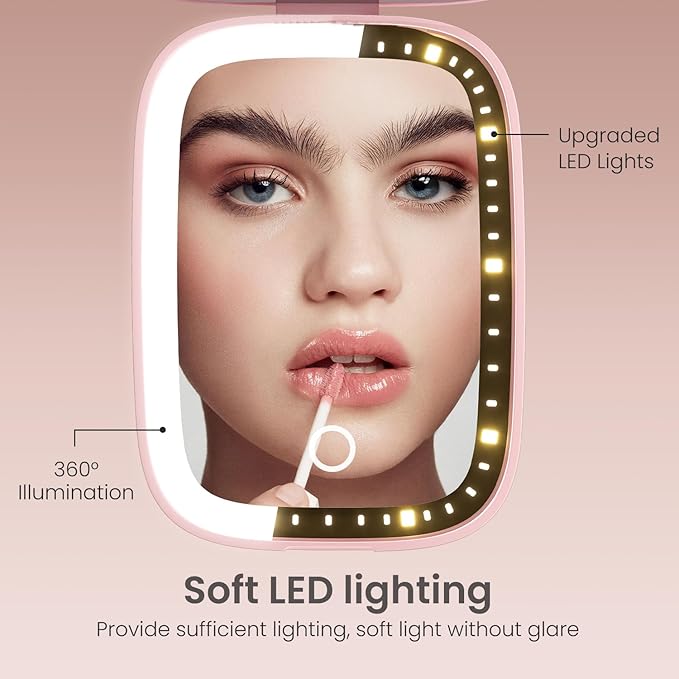 Compact Mirror with Light, 1X/3X Magnification LED Travel Pocket Makeup Mirror with 3 Color Modes, Rechargeable and Dimmable, Portable Lighted Mirror for Women – Pink