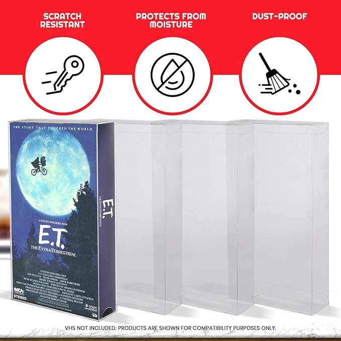 EVORETRO VHS Cassette Tape Display Protector Case - 0.35 mm Thick Clear PET Plastic Display Case Compatible with Star Wars, Disney, Jurassic Park, Titanic Movie Collection Storage (25 Pack)