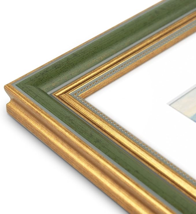Golden State Art,11x14 Ornate Picture Frame for 8x10 Photo with Mat or 11 x 14 Prints Without Mat, Real Glass Wall Display Horizontally or Vertically (Color:Green Gold)