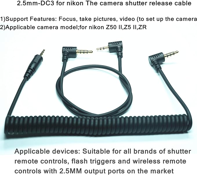 2.5MM-DC3 (MC-DC3) Shutter Release Cable is Suitable for Nikon Cameras Z5II/Z50II/ZR Supports Connection to The Camera Remote Control to Achieve Focusing and Taking Photos(2.5mm-DC3 2pcs)