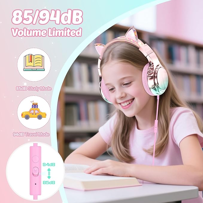 QearFun Kids Cat Ear Headphones with USB C for Girls with Microphone, 85/94dB Safe Volume Limiter, Tangle-Free Cord, Share Port, Foldable Sparkly Wired Headset for School, Travel, Tablet, iPad