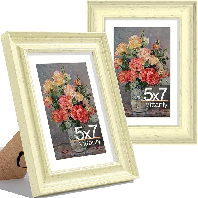 Vittanly 5x7 Picture Frames Set of 2, Ornate Vintage Photo Frame for Wall or Tabletop, Display 4x6 Pictures with Mat or 5x7 without Mat, Beige