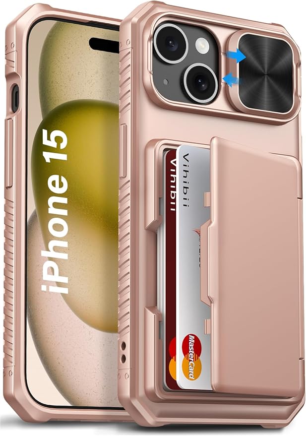 Vihibii for iPhone 15/14/13 Case with Card Holder (4 Cards), [RFID Blocking] & Slide Lens Camera Cover, Military Grade Drop Protection, Rugged Heavy Duty Wallet Case, Rose Gold