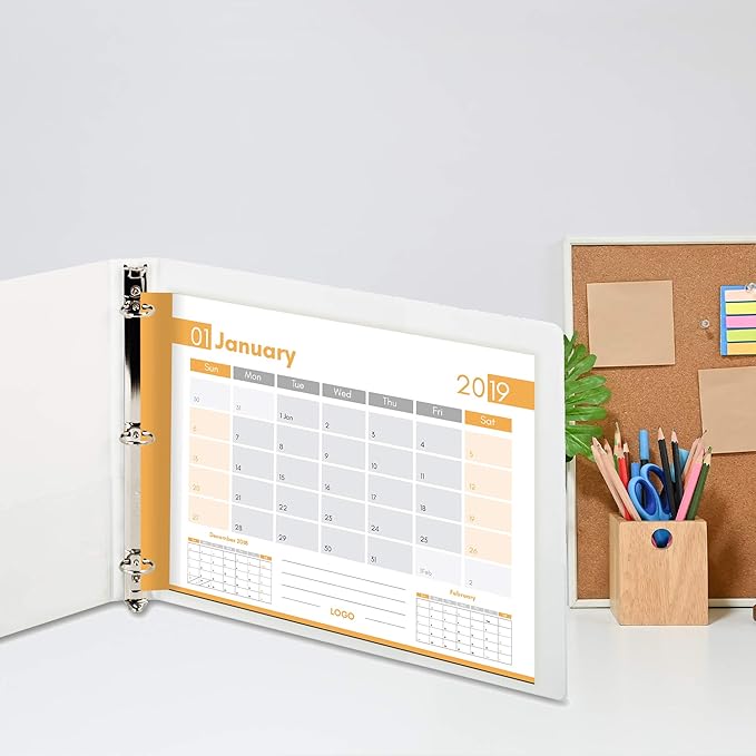 8.5" X 11" Landscape View Binder, 3-Ring 2 Inch Capacity Round Ring, White Horizontal Formatted with Clear Cover Pockets for Documents, Spreadsheets, Projects and More