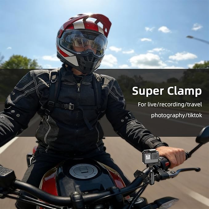 Super Clamp Mount with 360° Dual Ballhead & Magic Arm,Anti-Fall 360° Rotating Motorbike Phone Holder Camera Clamp for DSLR,GoPro Hero 13,DJI OSMO Pocket 3,Insta 360 X5 Fits Mountain/Scooter/Dirt