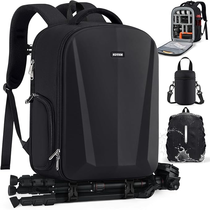 SDYSM Camera Backpack, Hardshell DSLR/SLR Camera Bag with Lens Pouch & 15.6" Laptop Compartment Waterproof Camera Case with Rain Cover Photography Backpack Compatible for Canon/Nikon/Sony/Drone Black