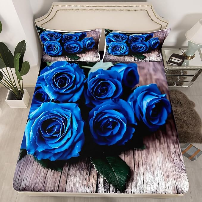 Erosebridal Blue Rose Sheet Sets Full Size Romantic Bedding for Women Girls Rose Love Romantic Moment Print Fitted Sheet 4 Pcs Elegant Blossom Rose Flowers Bed Sheet with 2 Pillowcases