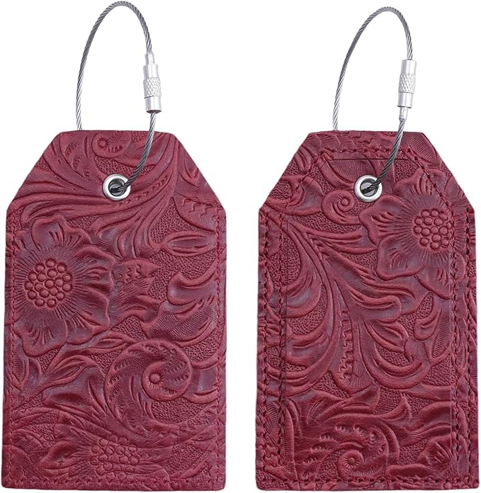 Genuine Leather Set of 2 Luggage Tag with Full Back Privacy Name ID Card Stainless Steel Loop Suitcase Labels Identifiers Baggage Tags Luggage for Women Men Travel (Wine Red Flower)