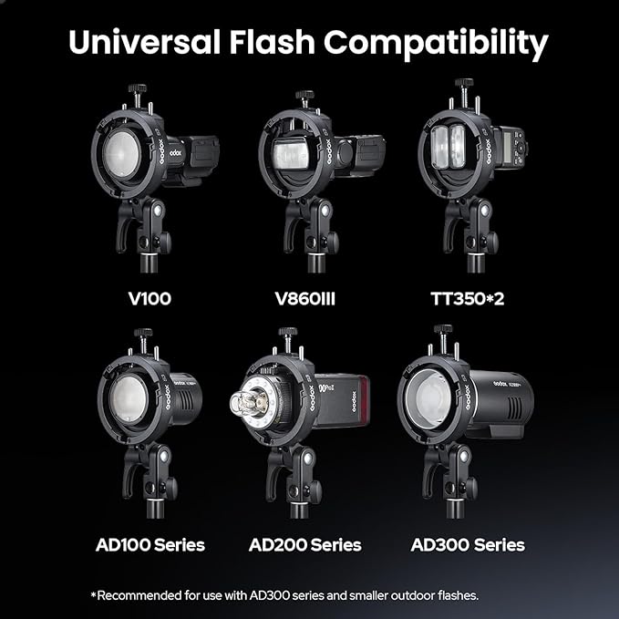 GODOX S3 Speedlite Bracket, 𝐆𝐨𝐝𝐨𝐱 𝐒𝟐 𝐔𝐩𝐠𝐫𝐚𝐝𝐞, Adjustment Angle±90°,Umbrella Hole, Bowens Mount Holder for Godox AD200Pro II AD300Pro II AD400Pro II V1 V100 V1Pro AD300Pro AD100Pro etc.
