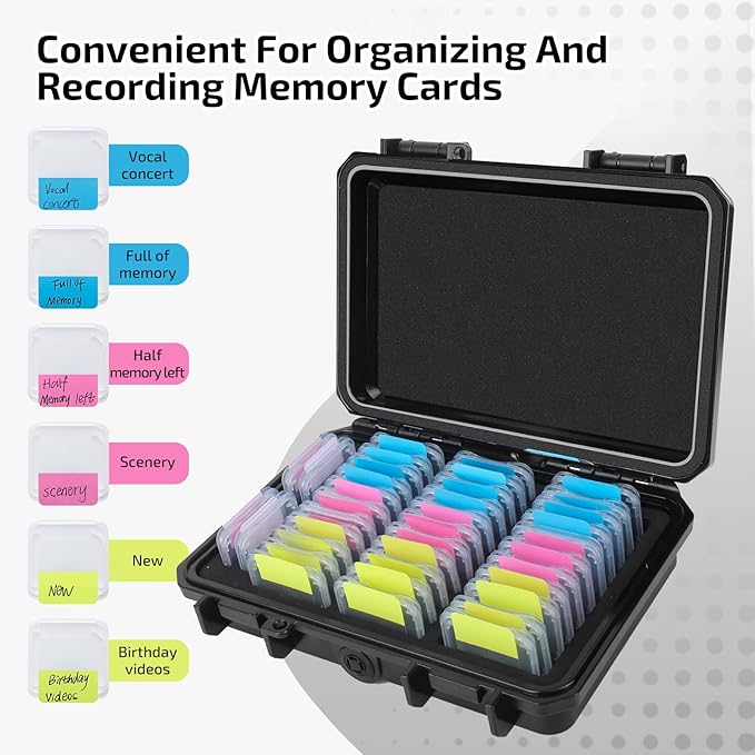 Micscrew 37 Slots Memory Card Case & 36 Transparent Card Cases & 60 Visual Sticky Notes, Water-Resistant Anti-Shock Anti-Dust SD Card Holder Storage,SD Card Case for Camera Memory Card Protector