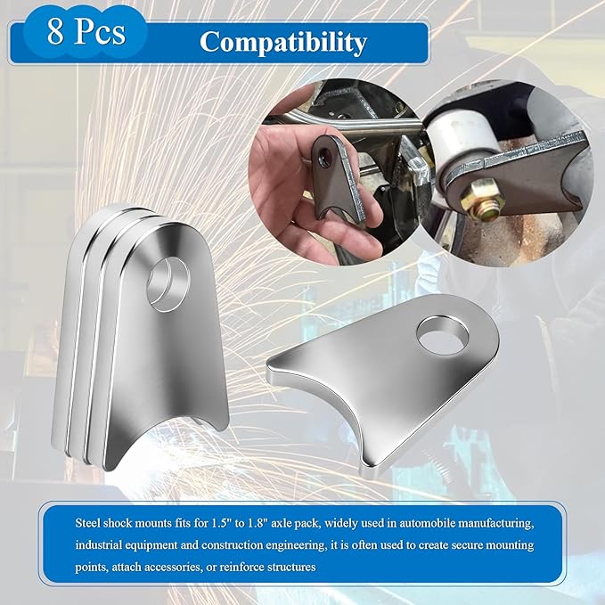 8 Pcs Weld on Tabs, Steel Shock Tab Mounts, Fits for 1.5" to 1.8" Axle Pack, 2-3/8" H, 1-3/4" W, 1/4" Thick, Heavy Duty Steel Mounting Brackets, Universal Weld on Tabs Axle Mount, with a 1/2" Hole