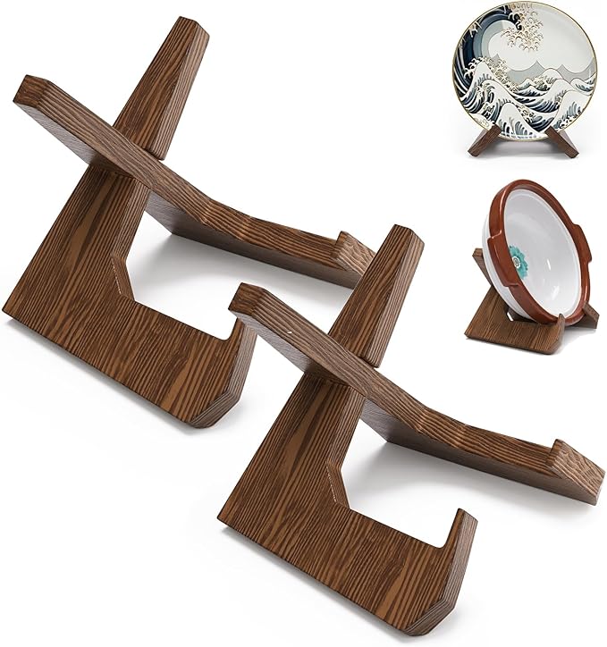 2PCS Bowl Stands for Display Large Deep Platters, Wooden Plate Stand Deep, Wood Bowl Holders for Displaying, Decorative Platter Easel Holder for Decorative, Pottery, Bowls, Picture, Dish, Book, 3.9In