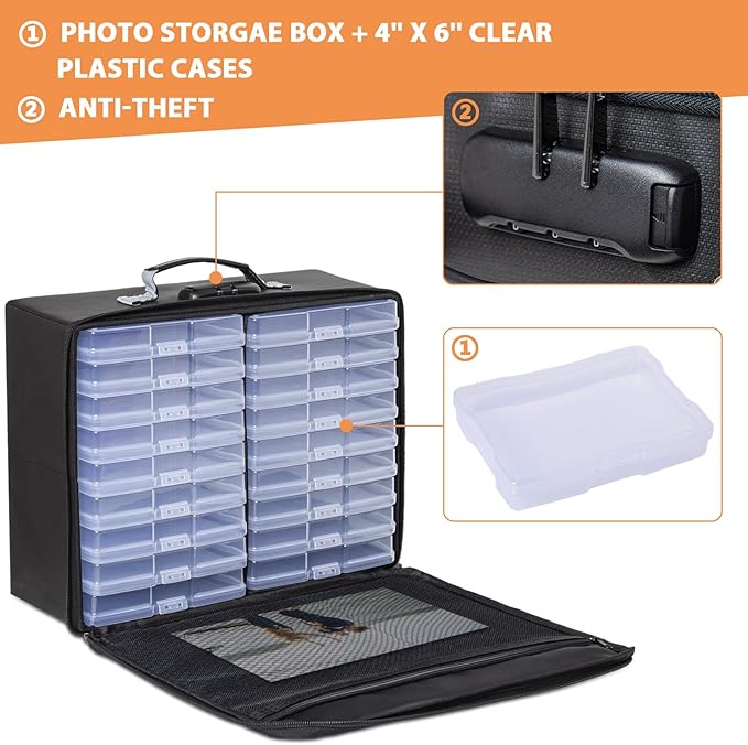 IBVIVIC Fire-resistant Photo Storage Box, Photo Organizer with 18 Inner 4" x 6" Photo Case (Clear), Photo Organizer and Storage with Lock