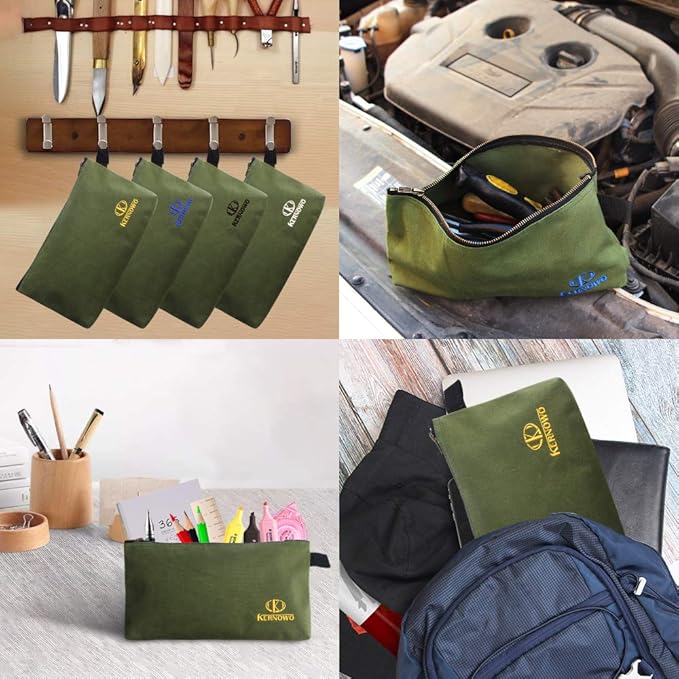 OTEVORP Premium Canvas Tool Pouch Zipper Bag,Small Tool Bag,Multipurpose Storage Pouch(4Pack 12.75x8x2.25 inch 20oz Water Resistant Heavy Duty Army Green Flat Bottom Tool Bag with Brass Zipper)