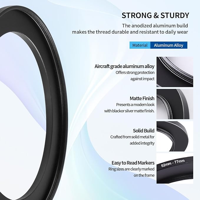 52-77mm Step-Up Ring Adapter,52mm to 77mm Step Up Filter Ring for 52mm Lens Mount 77mm for DSLR Lenses and ND UV CPL IR Filters （52-77mm）
