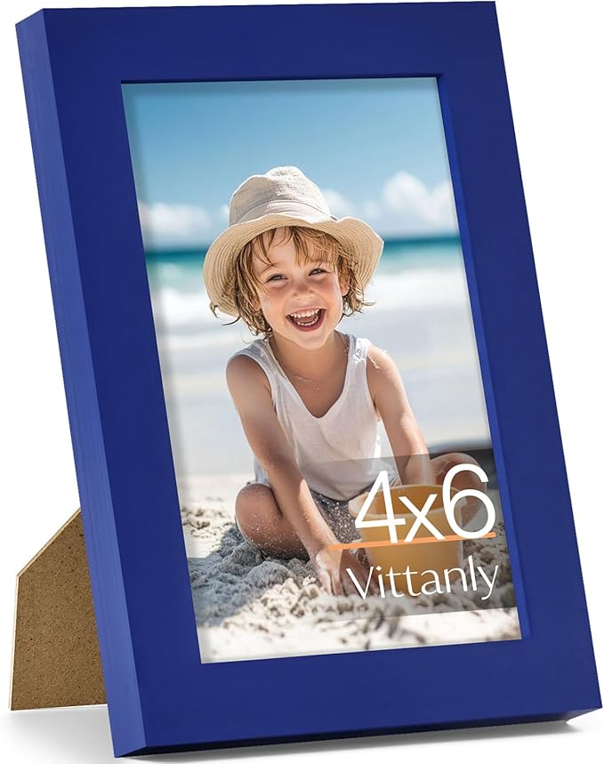 Vittanly 4x6 Picture Frame, Made of Solid Wood and Shatterproof Plexiglass, Wooden Photo Frame for Wall Mounting or Tabletop Display, Picture Frame for Home Decor with Stand, Royal Blue, 1 Pack