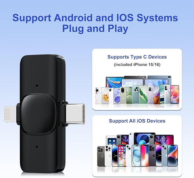 2 Pack Wireless Lavalier Microphone for iPhone,Android, USB C, Clip-on Mics, Bluetooth Lapel Mic for Video Recording Interview Vlog YouTube TikTok