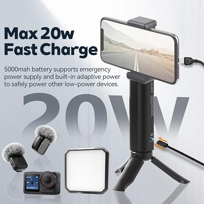 Ailight Battery Handle Grip, 5000mAh Extended Power with 20W PD Charging, Portable Charger Tripod Vlog Accessory with 1/4" Screw for GoPro Hero 13/12/11/10/9 & Insta360 DJI Action 6/5 Camera - Black