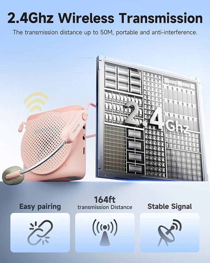 7RYMS WA1 Wireless Voice Amplifier with Headset Microphone for Teachers, Personal Power Amplifier with Noise Canceling, 164ft Range, 23H Working, Microphone Speaker for Teaching, Speech, Yoga(Pink)