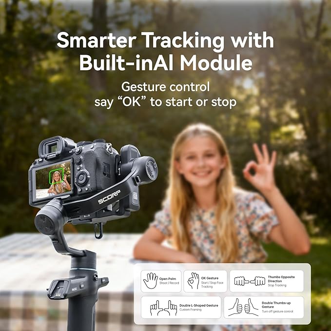 FeiyuTech SCORP Mini 3 Pro Kit Camera Gimbal 3-Axis Camera Stabilizer Built-in AI Track, 2kg Payload,14Hour Battery Life, Compatible with Mirrorless, Compact, Action, Cameras and Smartphones