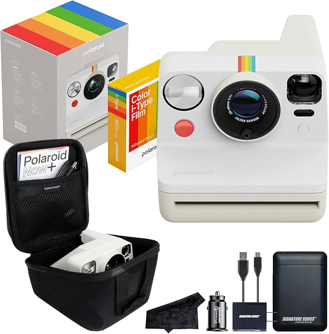 Polaroid Now 3rd Generation i-Type Instant Film Camera with 16 Color Film Photos, Pebble White, with Signature Series Power Bundle