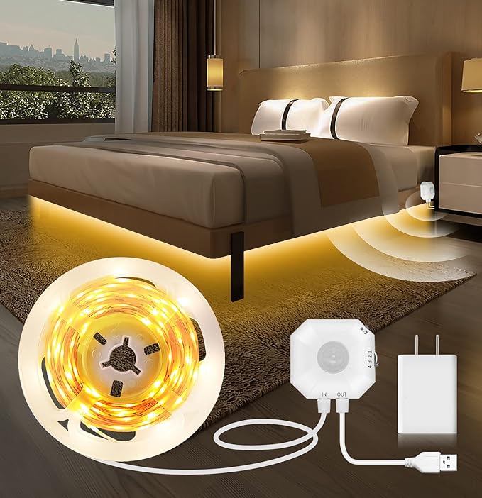 MATICOD Motion Sensor Light Indoor Under Bed Lights Under Cabinet Lights, Motion Activated Led Light Strip for Bedroom,Warm White LED Closet Light Motion Sensored Under Cabinet Lighting NO APP
