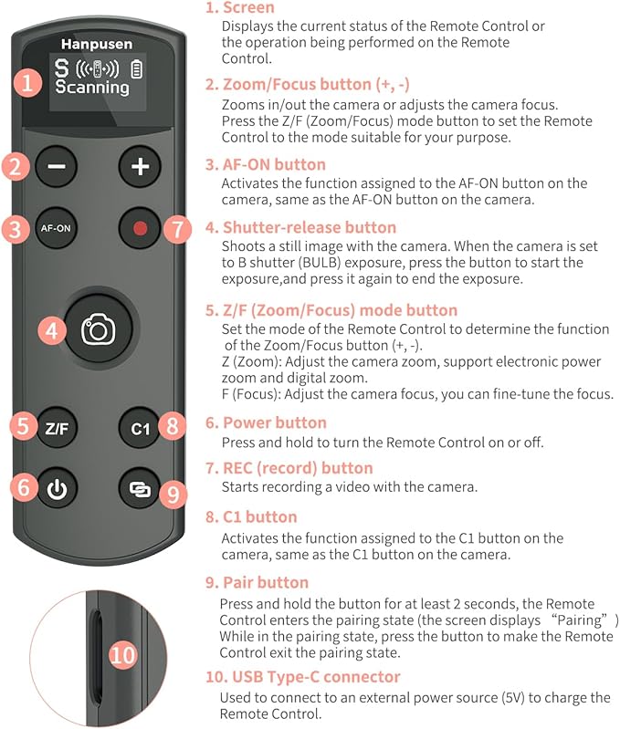 Hanpusen Rechargeable Camera Remote Control for Sony - Wireless Shutter Release with OLED Screen compatiable with ZV-1F,ZV-1II,ZV-1,ZV-E10II,ZV-E10,A6100,A6400,FX30,FX3;Replace Sony RMT-P1BT（Black）