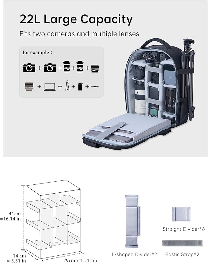 llano 22L Hardshell Camera Backpack, Photography Backpack Hard Shell Camera Bag for DSLR & Mirrorless Camera for Sony Canon Nikon Fujifilm, Travel Backpack with 15.6" Laptop & Drone Compartment, large