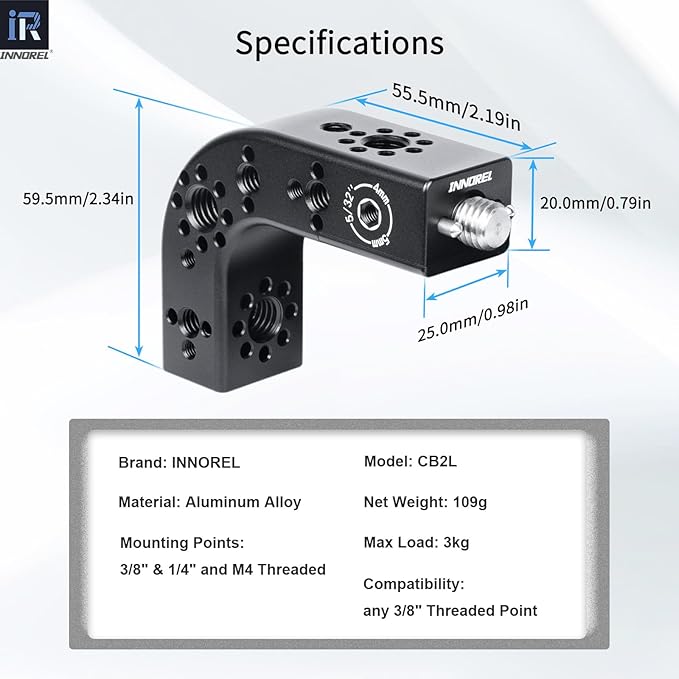 INNOREL CB2L ARRI Positioning Top Handle Extension Universal CNC Multi-Function Cheese Handle 90° Right Angle Fixture Handle 3/8" Screw Fixed for Camera Rabbit Cage Video Equipment Gimbal Stabilizer