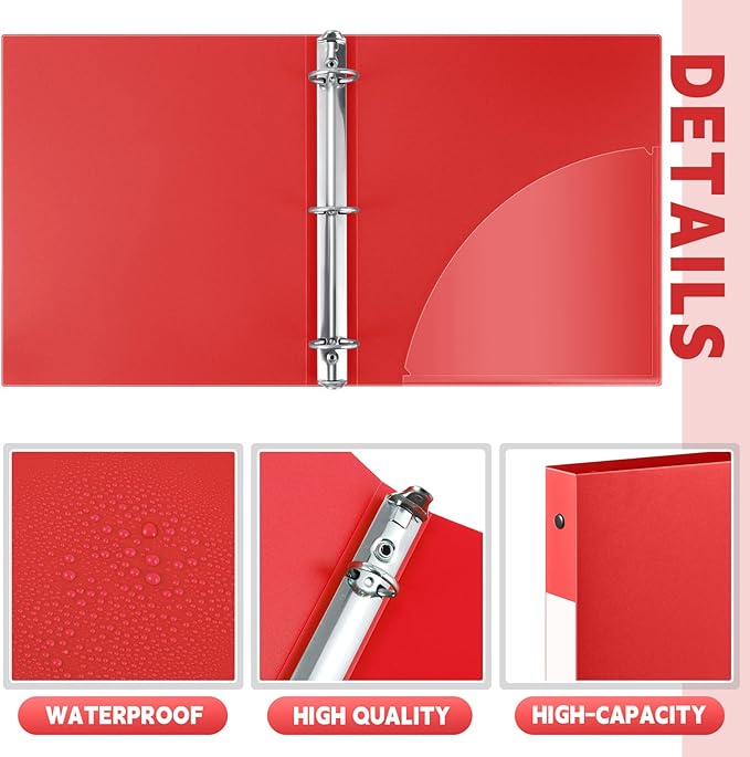 Henoyso 48 Pcs 3 Ring Binder 1/2'' Round Fits Letter Size 8.5'' x 11'' Paper Plastic Flexible Binder Holds 140 Sheets with 1 Pockets Versatile Organizer for Home Office School (Red)