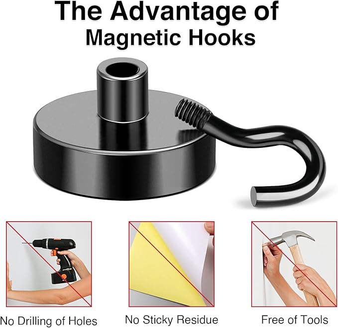 MIKEDE Magnetic Hooks, 30Lbs+ Black Heavy Duty Earth Magnets with Hook for Refrigerator, Strong Neodymium Magnetic Cruise Hooks for Hanging, Curtain, Grill and Kitchen - Pack of 4