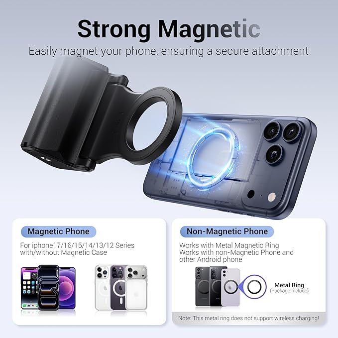 Magnetic Phone Camera Grip,Shutter Grip for iPhone 17 Pro Max with Bluetooth Remote & 1/4" Tripod Screw for iPhone Air 16 15 14 13 Android Smartphone Camera Handle Holder for Video Photo Fun Shooting
