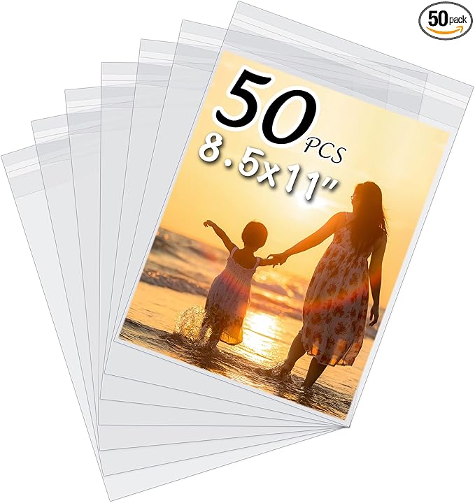 50 Pack Acid-Free Crystal Clear Sleeves Storage Bags for 8.5x11 Art Prints/Pictures/Photos/Framing Mat Mattes (Bag Size: 9"x11 3/7")