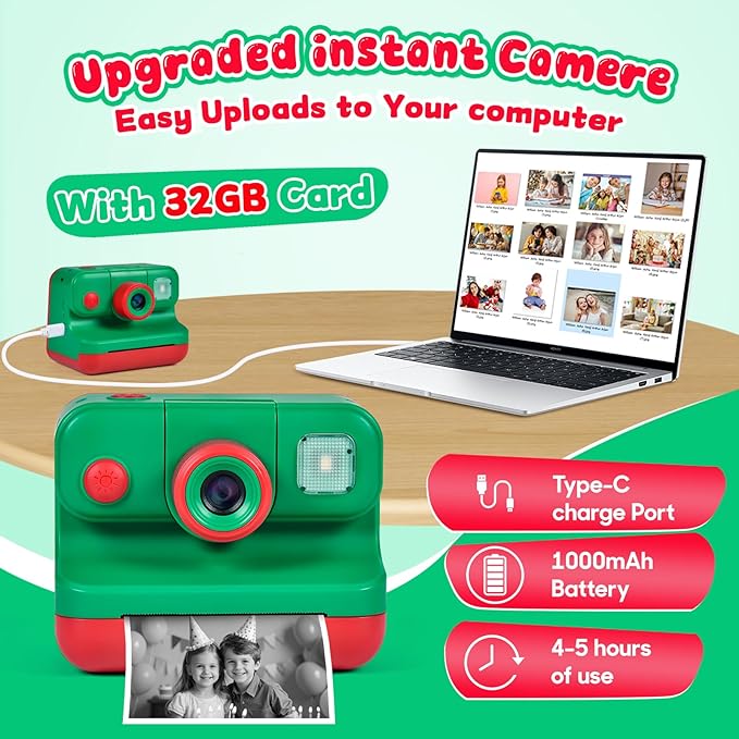 Kids Instant Print Camera with Carrying Bag, 1080P HD Girl Camera with 4 Print Paper Rolls, Color Pens & 32GB Card, Christmas Birthday Gifts Kids Girl Toys for 3-12 Years Old (Pink)