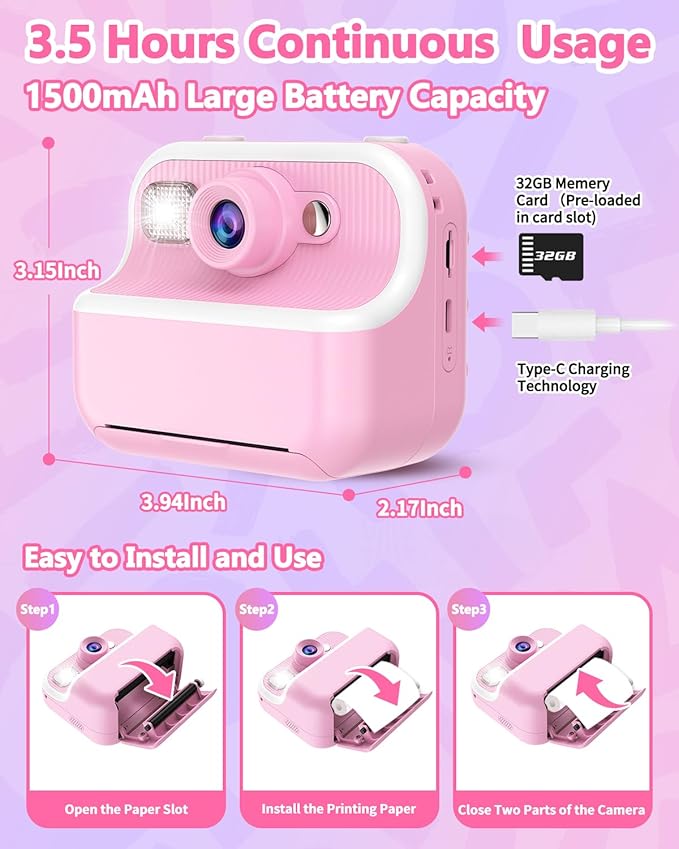 Kids Camera Instant Print, Christmas Birthday Gifts for Kids 3-12, 1080P Instant Print Camera for Kid, Toddler Camera Toy for 4 5 6 7 8 9 10 Year Old Girls Boys with 3 Rolls Paper and 32GB Card-Pink