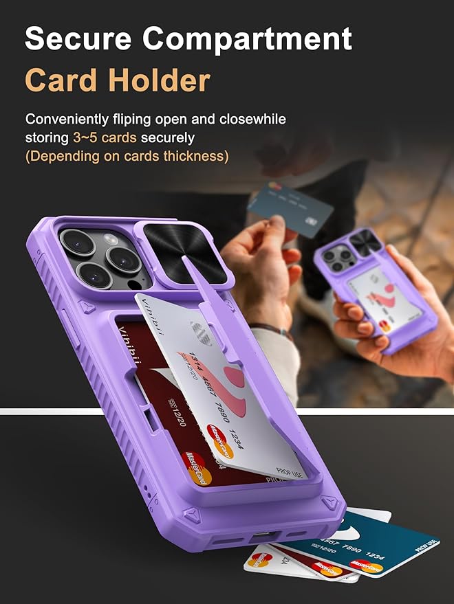 Vihibii for iPhone 15 Pro Max Wallet Case with Card Holder (4 Cards) & Slide Lens Cover & Stand, Shockproof Rugged Hard Back & Raised Edges Protection Case for iPhone 15 Pro Max, 5G 6.7", Light Purple