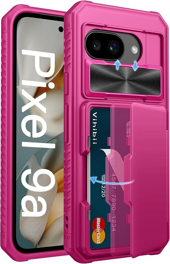 Vihibii for Google Pixel 9a Wallet Case with Card Holder (4 Cards), [RFID Blocking] & Slide Camera Lens Cover & Raised Edges Protect Screen, Shockproof Case for Google Pixel 9a 2025, Hot Pink