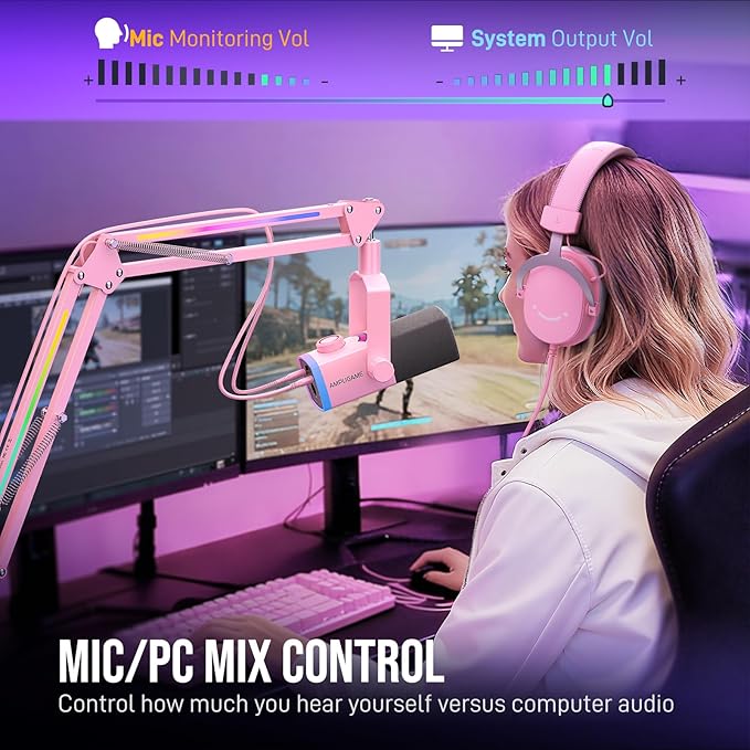 FIFINE XLR/USB Gaming Microphone Kit with Boom Arm Stand, RGB Streaming Mic for Computer Compatible with PC/PS4/PS5, Podcast Mic Set with Headphone Jack, Volume Knob, Mute-AmpliGame AM8PROT Pink