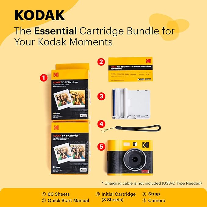 KODAK Mini Shot 3 ERA 4PASS 2-in-1 Instant Camera and Photo Printer (Yellow, Camera + Initial 8 Sheets + 60 Sheets)