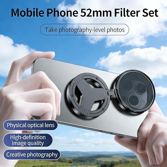 Anti-Glare Magnetic Phone Filter, 2026 Upgraded 52 Mm Magnetic Cpl Filter, Compatible with iPhone and Android Devices, Includes a Adapter Ring and Clip Mount, Reduces Reflections Enhances Colors