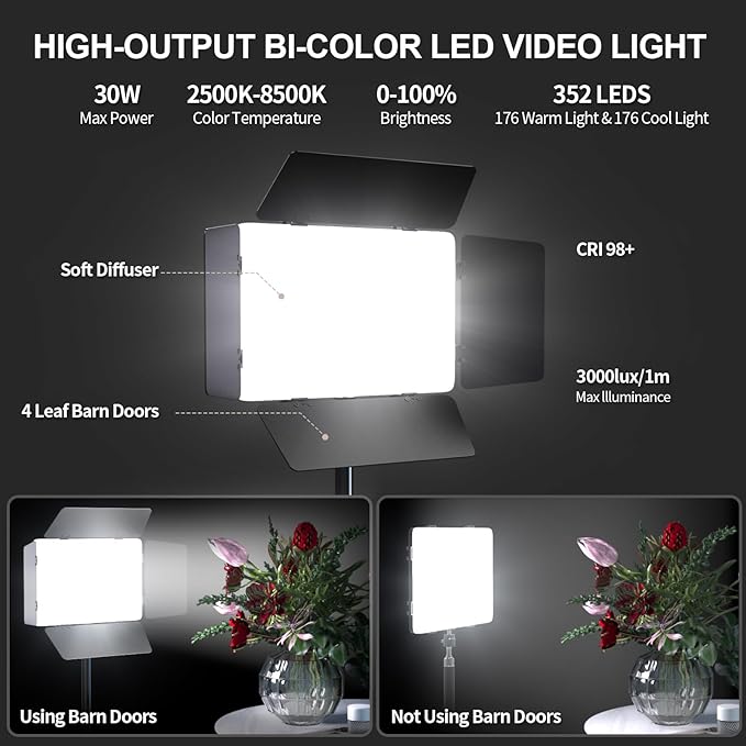 2 Pack LED Video Light with Barndoor, 30W Photography Lighting with Tripod Stand, 3000Lux CRI 98+ 2500K-8500K Studio Light Podcast Lighting for Video Recording, Game Live Streaming, Vlogging