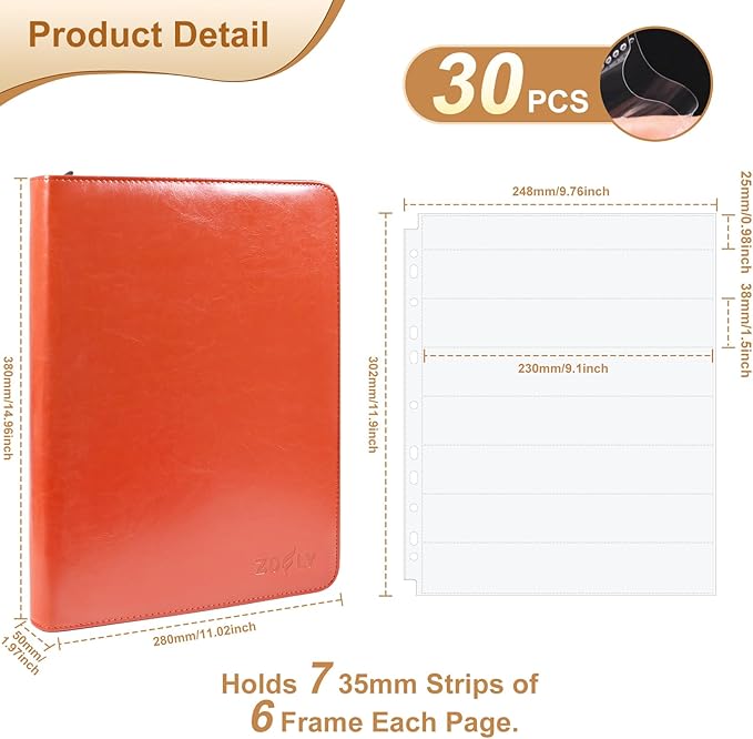 35mm Film Negative Storage Binder Album Kit - 30 Acid-Free Clear Negative Sleeves, PU Leather Storage Binder Case for Camera 135/35mm Film Negatives, Negative Page Preservers, Up to 1260 Frames, Brown
