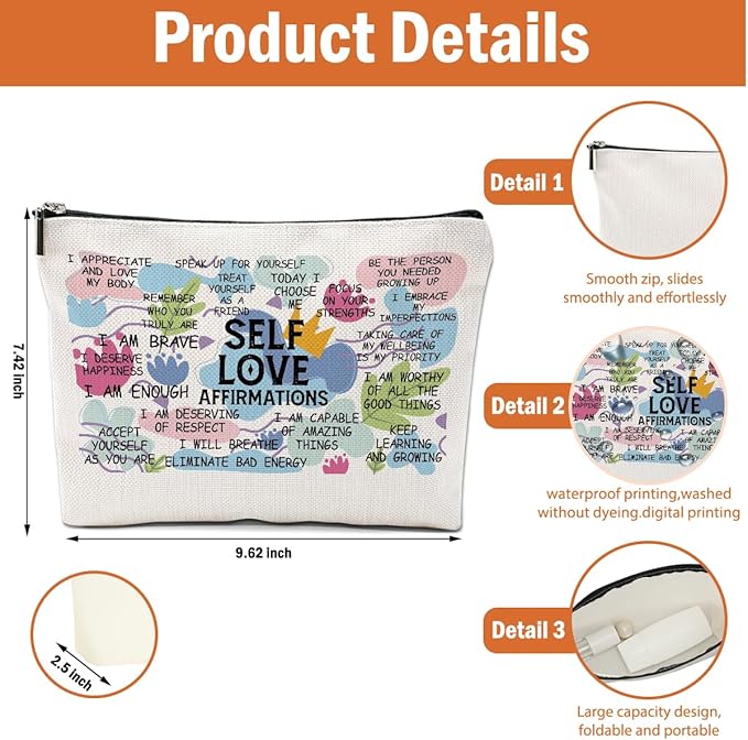 2PCS Positive Affirmations Makeup Bag Self Love Gifts Mental Health Inspirational Gifts for Women Girl Sister the Counselor Coworker Birthday Friendship Graduation Travel Toiletry Cosmetic Bag